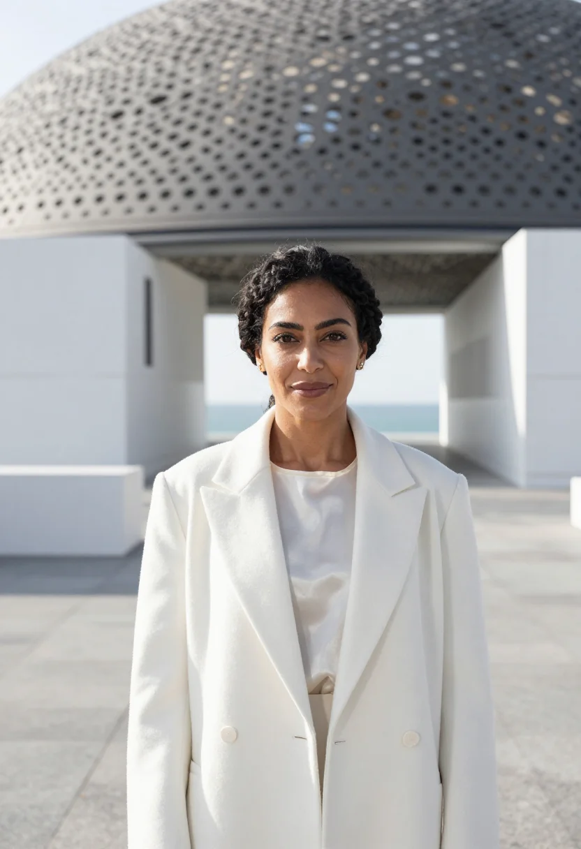 AI louvre abu dhabi curator rain of light sample — portrait of a woman, a curator in her forties of Egyptian de