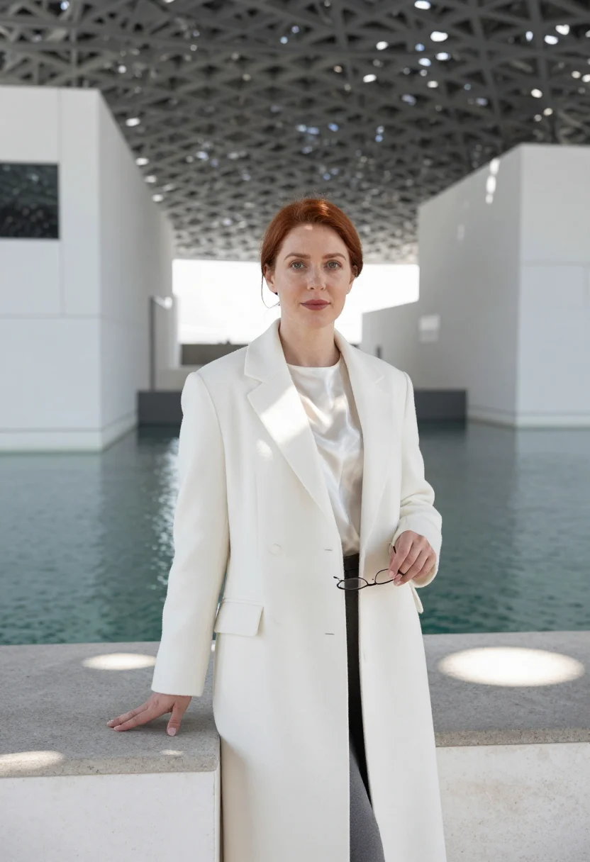 AI louvre abu dhabi curator rain of light sample — portrait of a woman, a curator in her thirties of English de