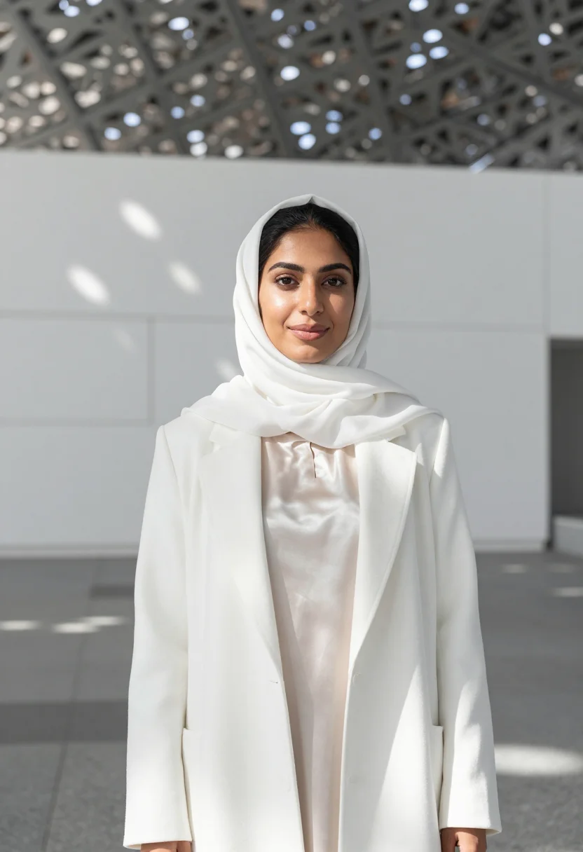 AI louvre abu dhabi curator rain of light sample — portrait of a woman, a curator in her thirties of Emirati de