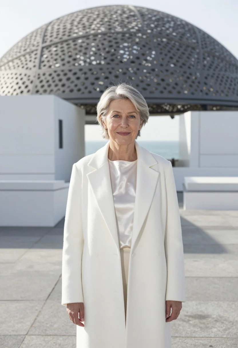 AI louvre abu dhabi curator rain of light sample — portrait of a woman, a curator in her sixties of Swedish des