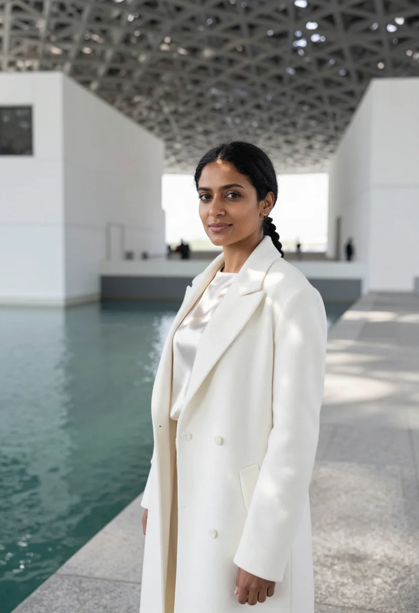 AI louvre abu dhabi curator rain of light sample — portrait of a woman, a curator in her thirties of Indian des