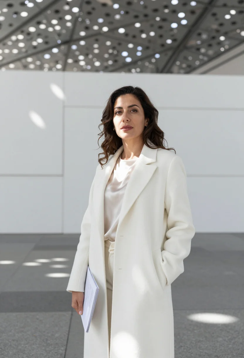 AI louvre abu dhabi curator rain of light sample — portrait of a woman, a curator in her fifties of Lebanese de