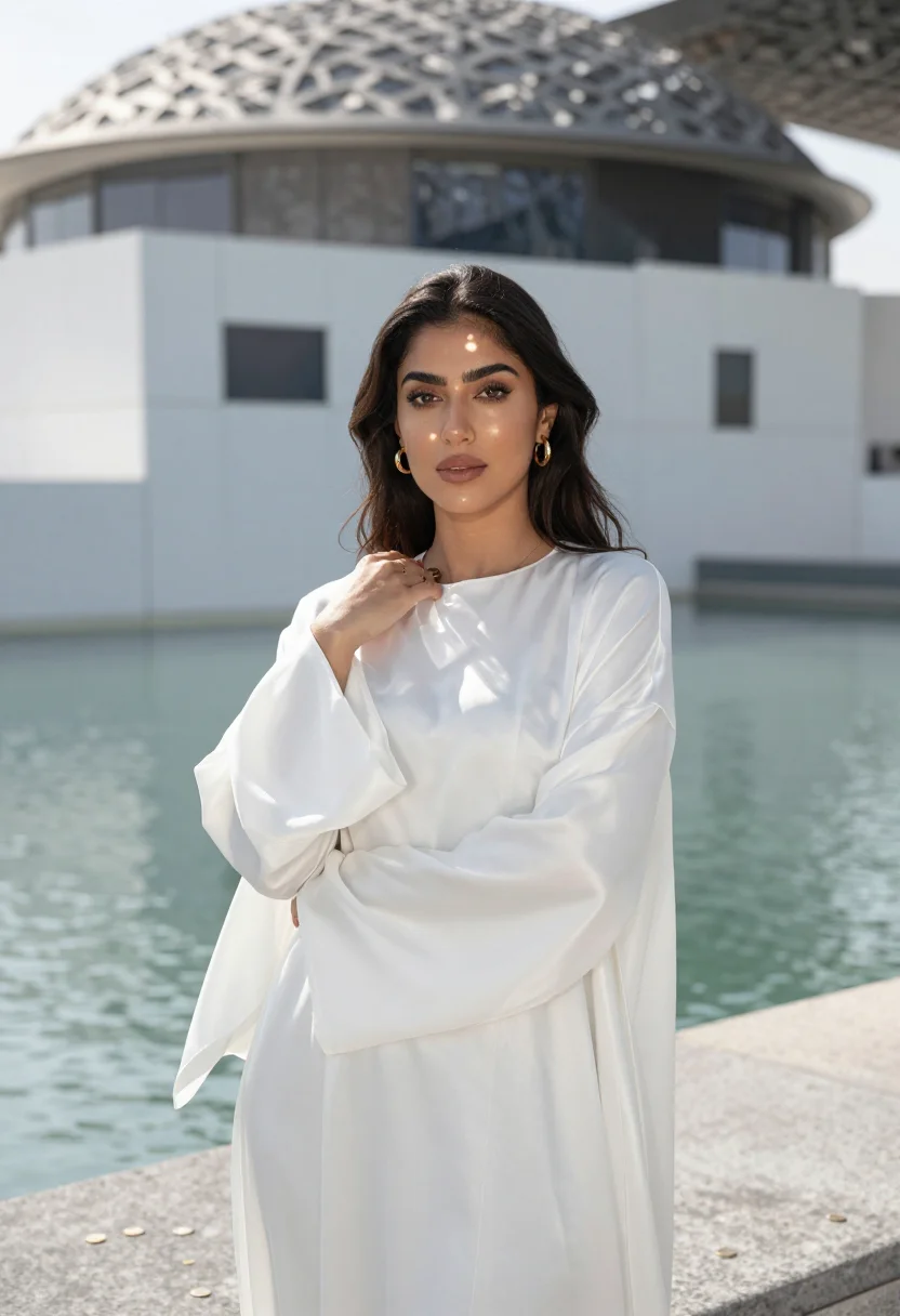 AI louvre abu dhabi rain of light sample — portrait of a woman, a chest-up view of an Emirati woman in