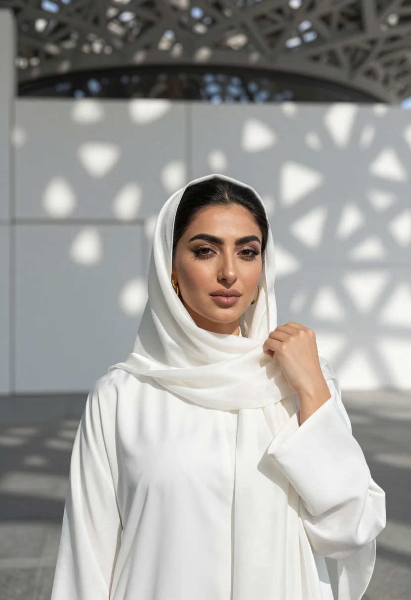 AI louvre abu dhabi rain of light sample — portrait of a woman, a chest-up view of an Emirati woman in