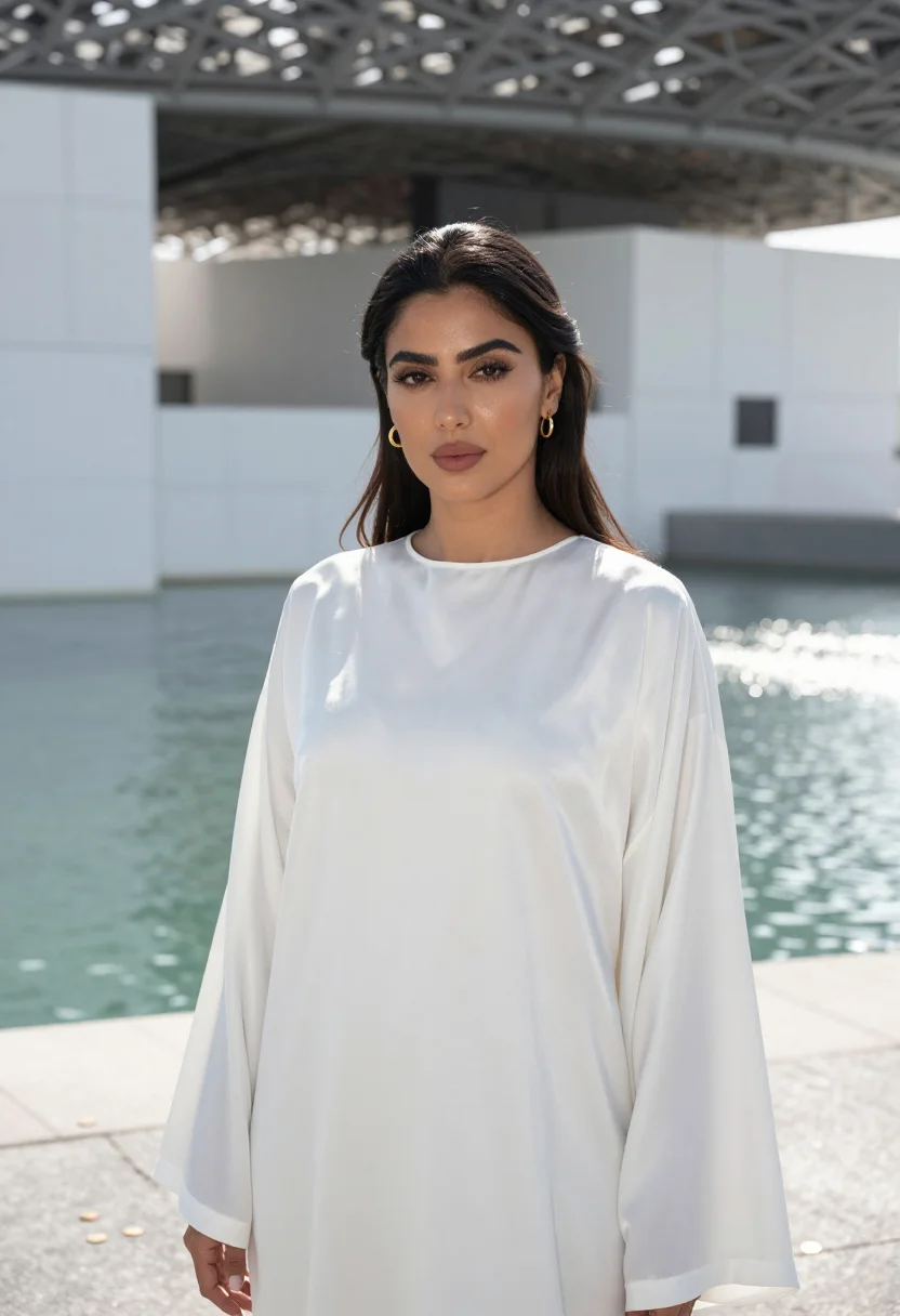 AI louvre abu dhabi rain of light sample — portrait of a woman, a tight head-and-shoulders view of an E