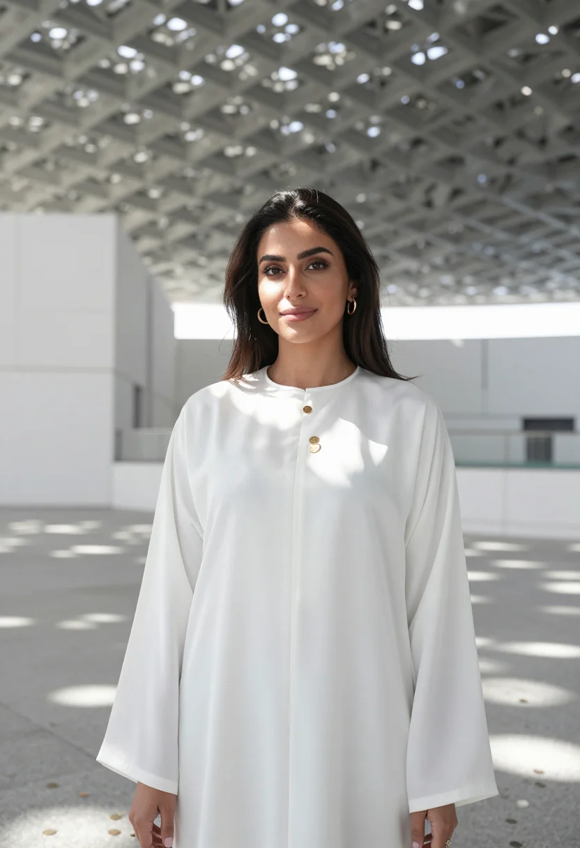 AI louvre abu dhabi rain of light sample — portrait of a woman, a chest-up view of an Emirati woman in