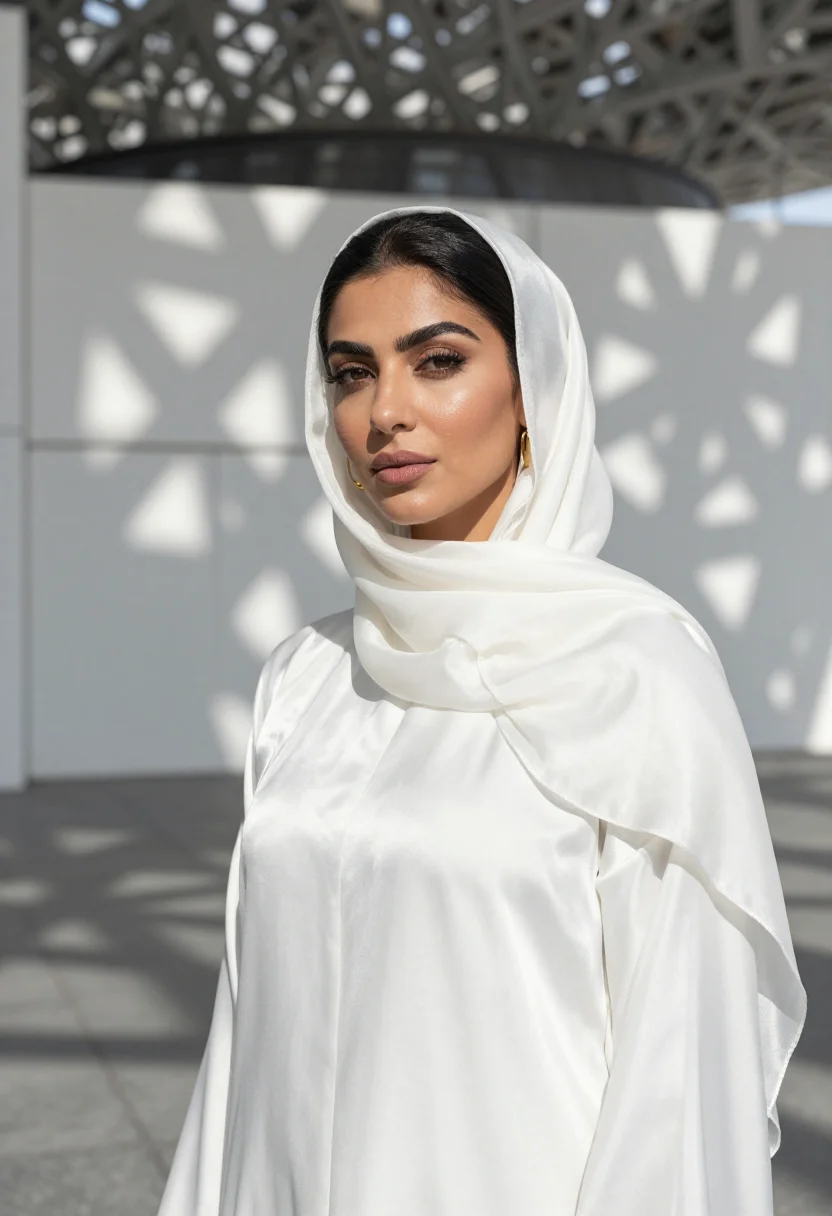AI louvre abu dhabi rain of light sample — portrait of a woman, a tight head-and-shoulders view of an E