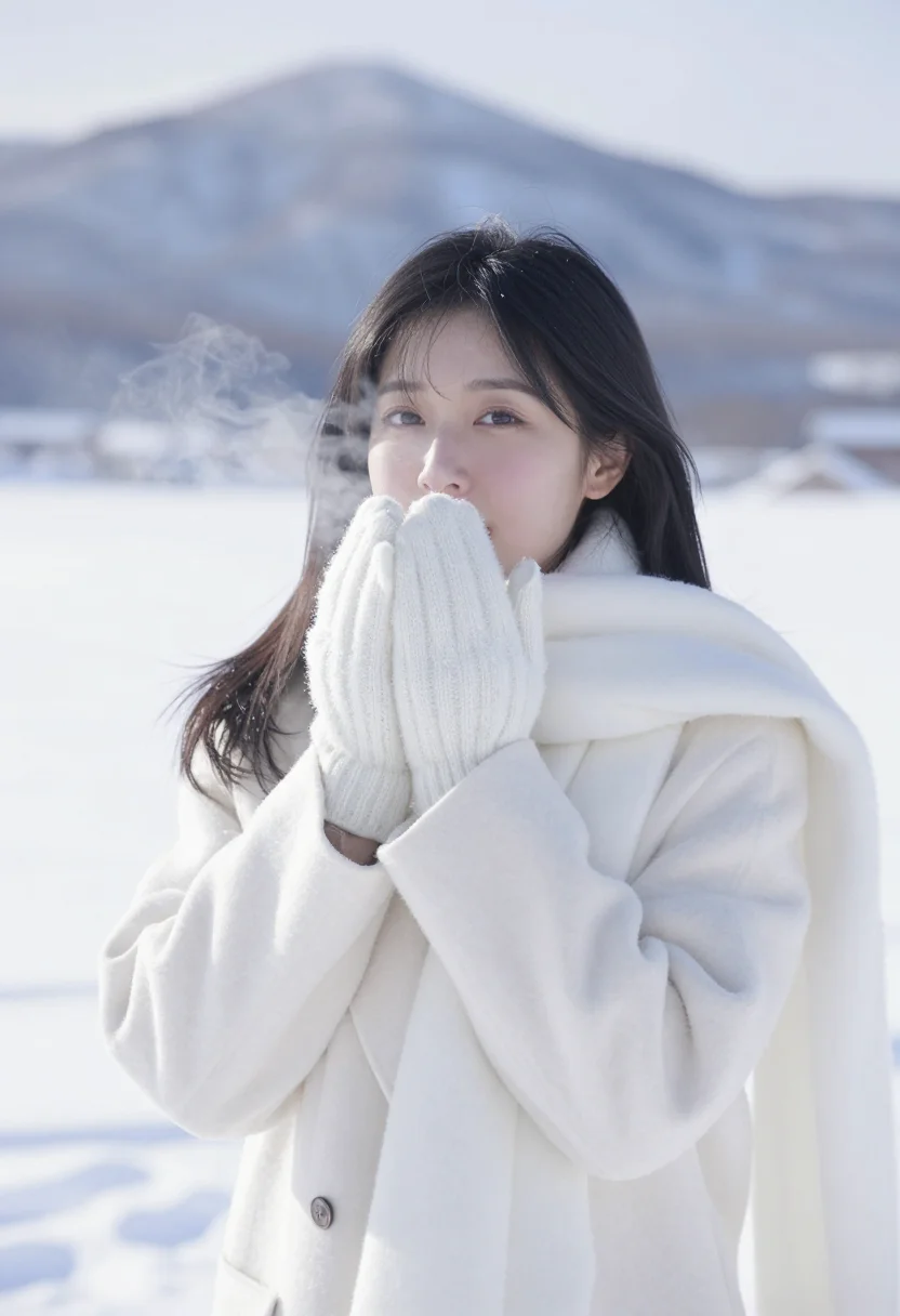 AI love letter otaru snow white sample — portrait of a woman, framed chest-up, the crop at the ribs,