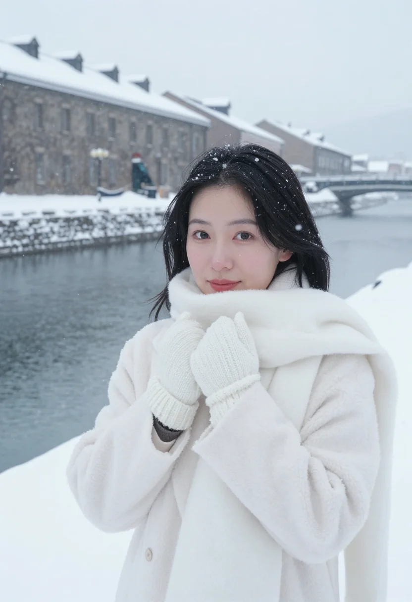 AI love letter otaru snow white sample — portrait of a woman, framed chest-up, the crop at the ribs,