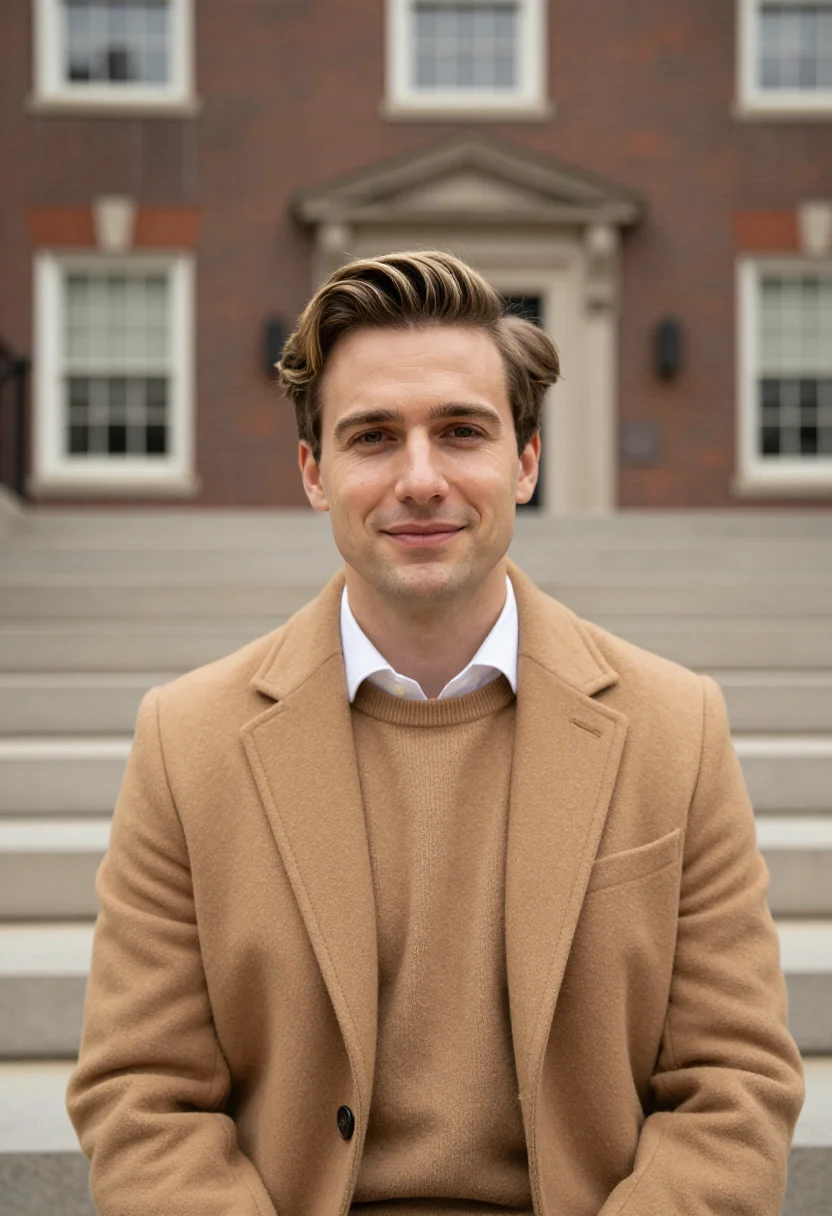 AI love story harvard camel coat sample — portrait of a man, framed tight, head and shoulders, the bod