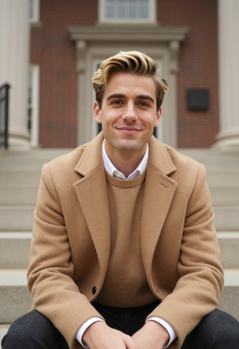 AI love story harvard camel coat sample — portrait of a man, framed chest-up, cropped at the ribs, the