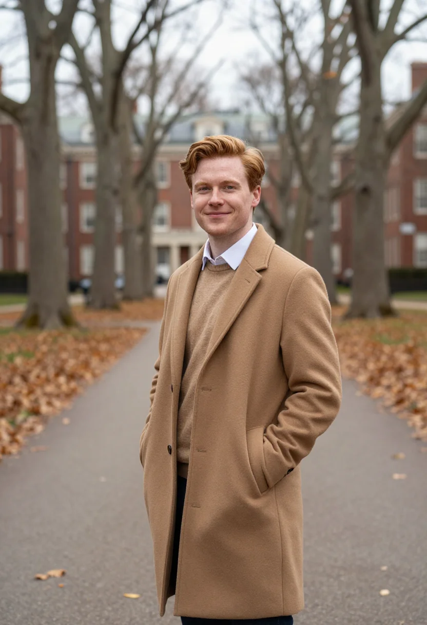 AI love story harvard camel coat sample — portrait of a man, framed three-quarter length from the head