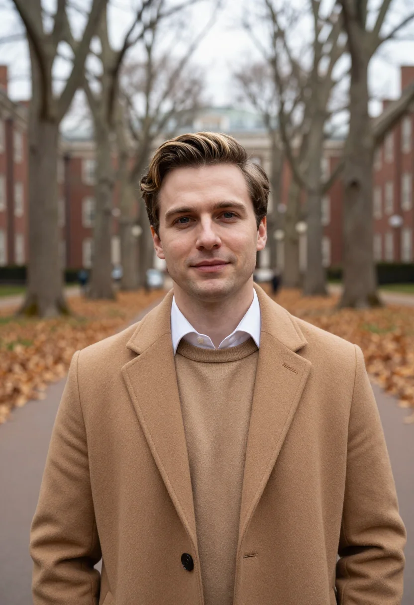 AI love story harvard camel coat sample — portrait of a man, framed tight, head and shoulders, the bod