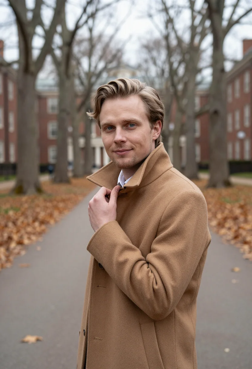 AI love story harvard camel coat sample — portrait of a man, framed chest-up, cropped at the ribs, the