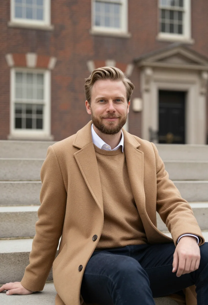 AI love story harvard camel coat sample — portrait of a man, framed half-length from the head to the h