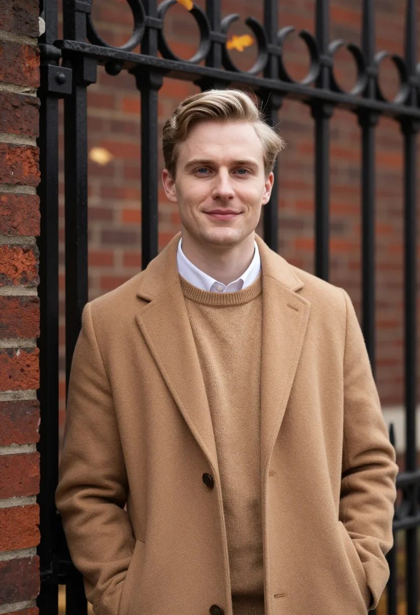 AI love story harvard camel coat sample — portrait of a man, framed waist-up from the head to the wais