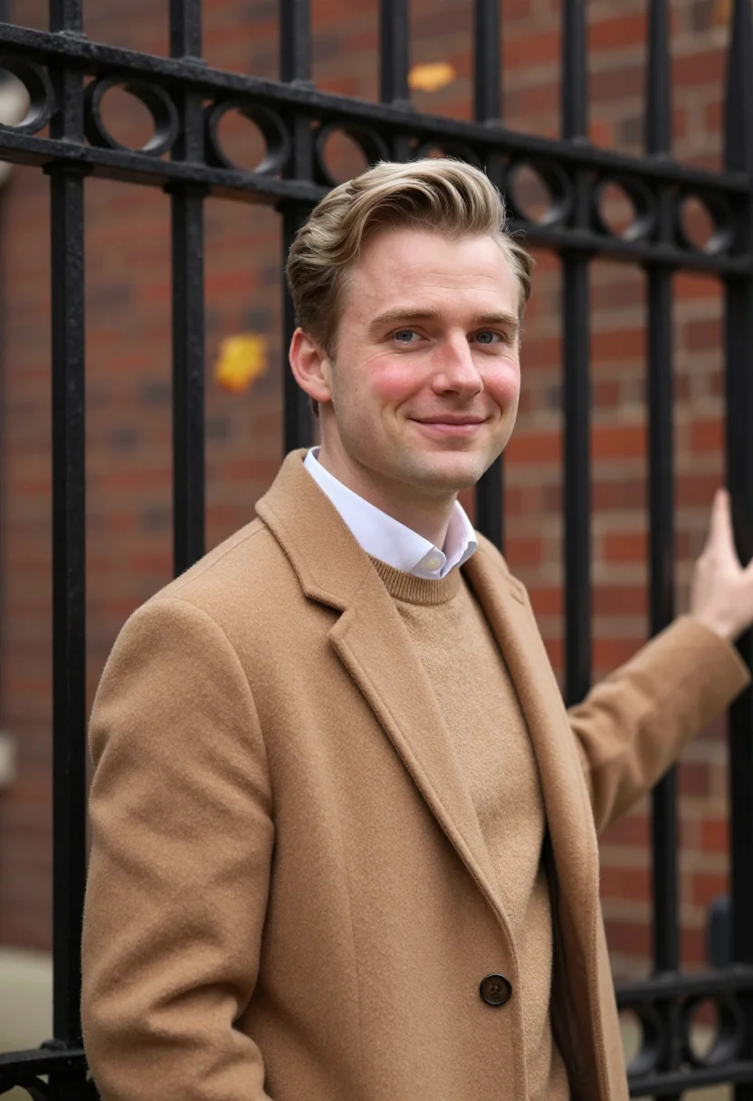 AI love story harvard camel coat sample — portrait of a man, framed chest-up, cropped at the ribs, the