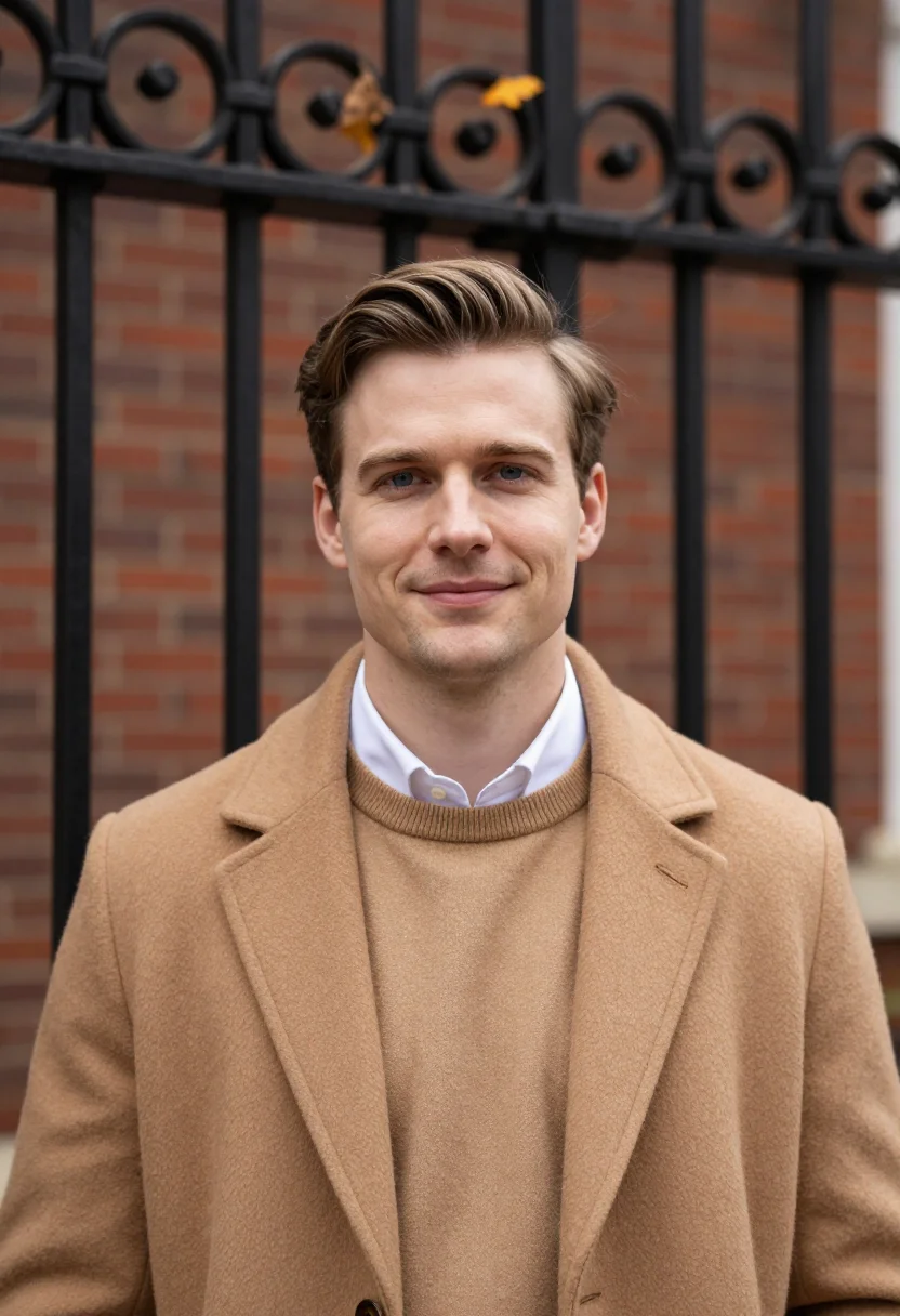 AI love story harvard camel coat sample — portrait of a man, framed tight, head and shoulders, the bod