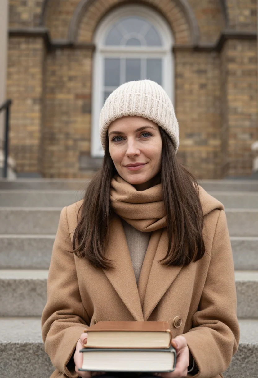 AI love story radcliffe knit hat camel sample — portrait of a woman, framed tight, head and shoulders, the b