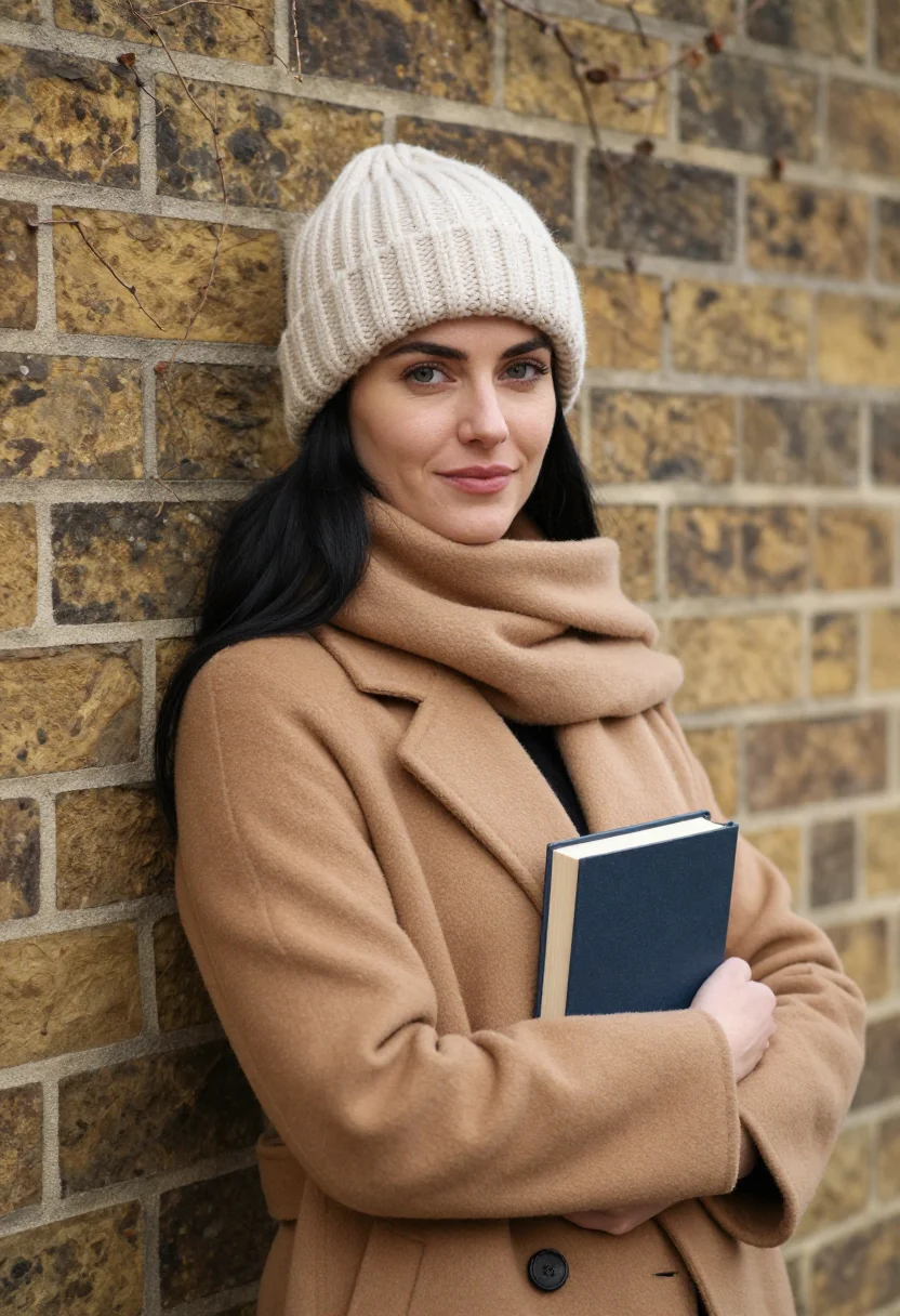 AI love story radcliffe knit hat camel sample — portrait of a woman, framed waist-up from the head to the wa