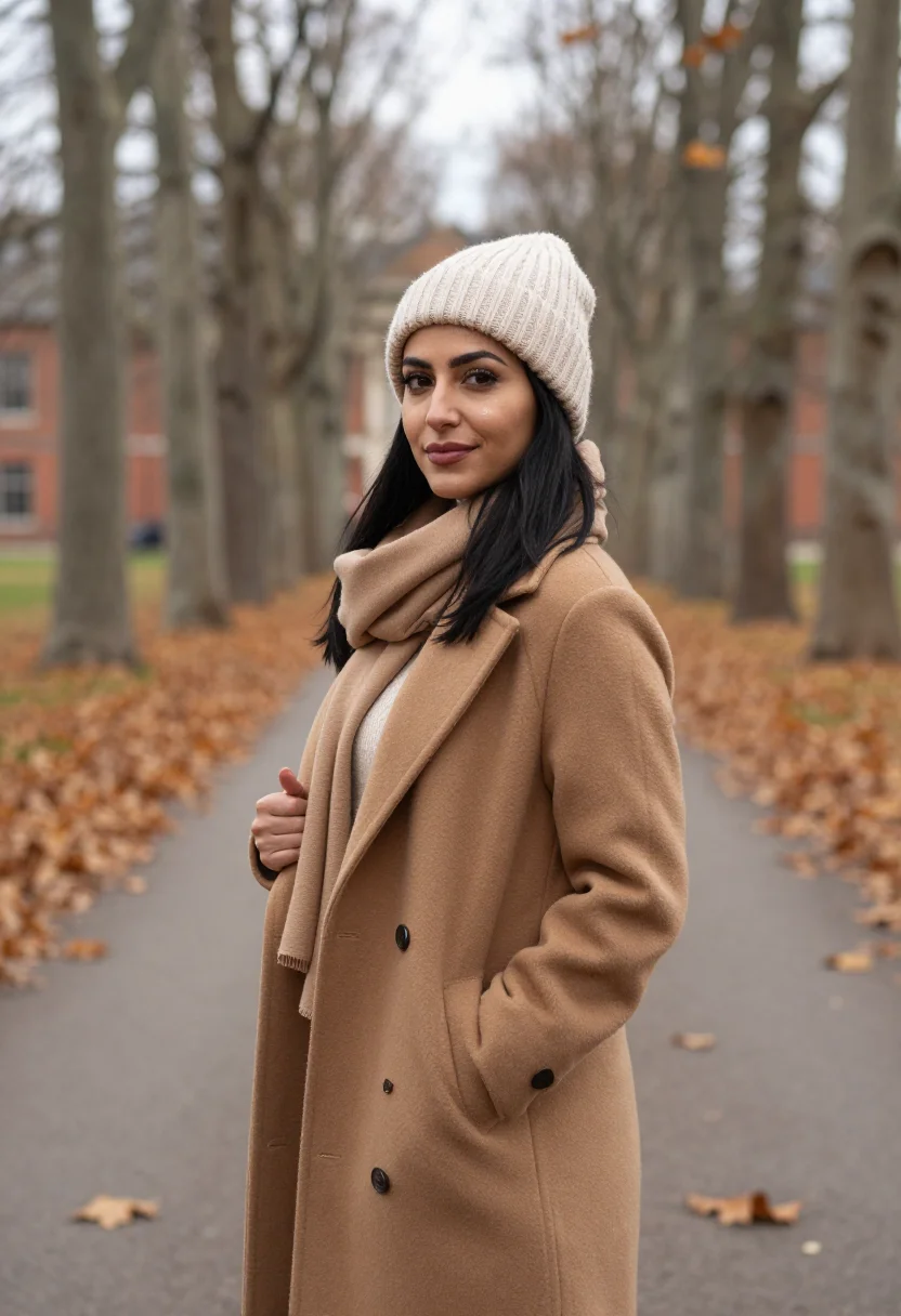 AI love story radcliffe knit hat camel sample — portrait of a woman, framed chest-up, cropped at the ribs, t