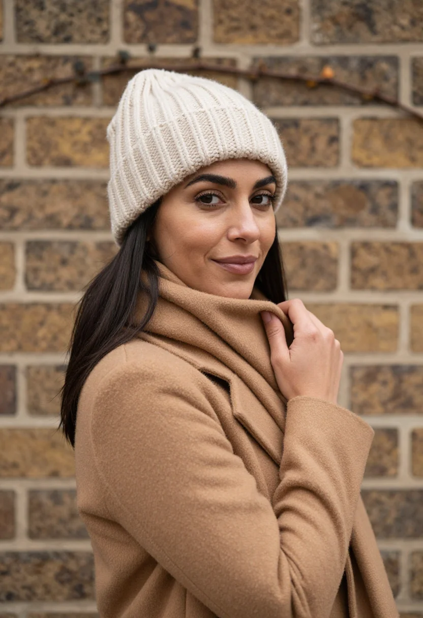AI love story radcliffe knit hat camel sample — portrait of a woman, framed chest-up, cropped at the ribs, t
