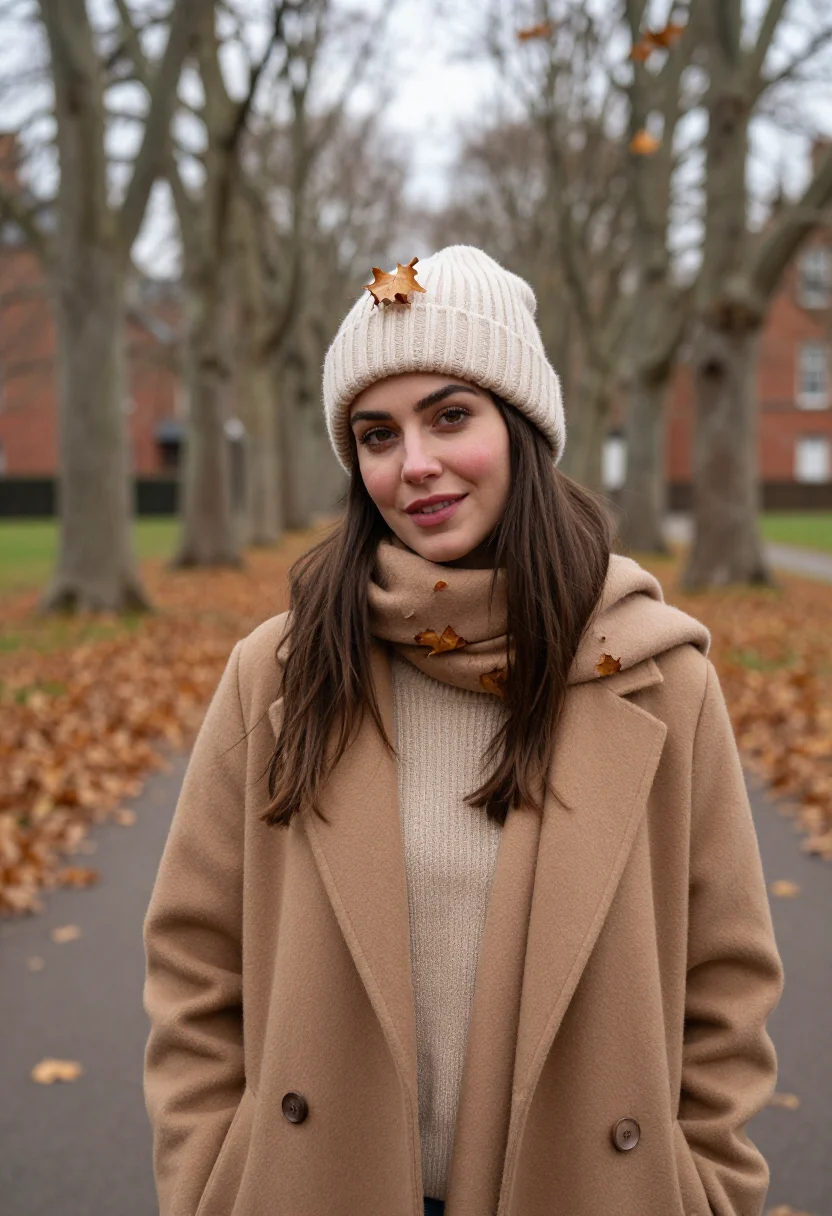 AI love story radcliffe knit hat camel sample — portrait of a woman, framed tight, head and shoulders, the b