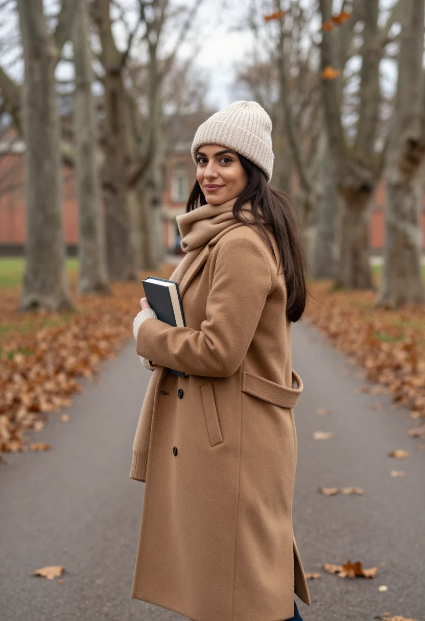 AI love story radcliffe knit hat camel sample — portrait of a woman, framed three-quarter length from the he