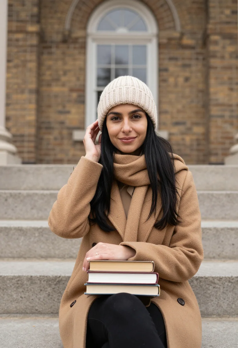 AI love story radcliffe knit hat camel sample — portrait of a woman, framed half-length from the head to the