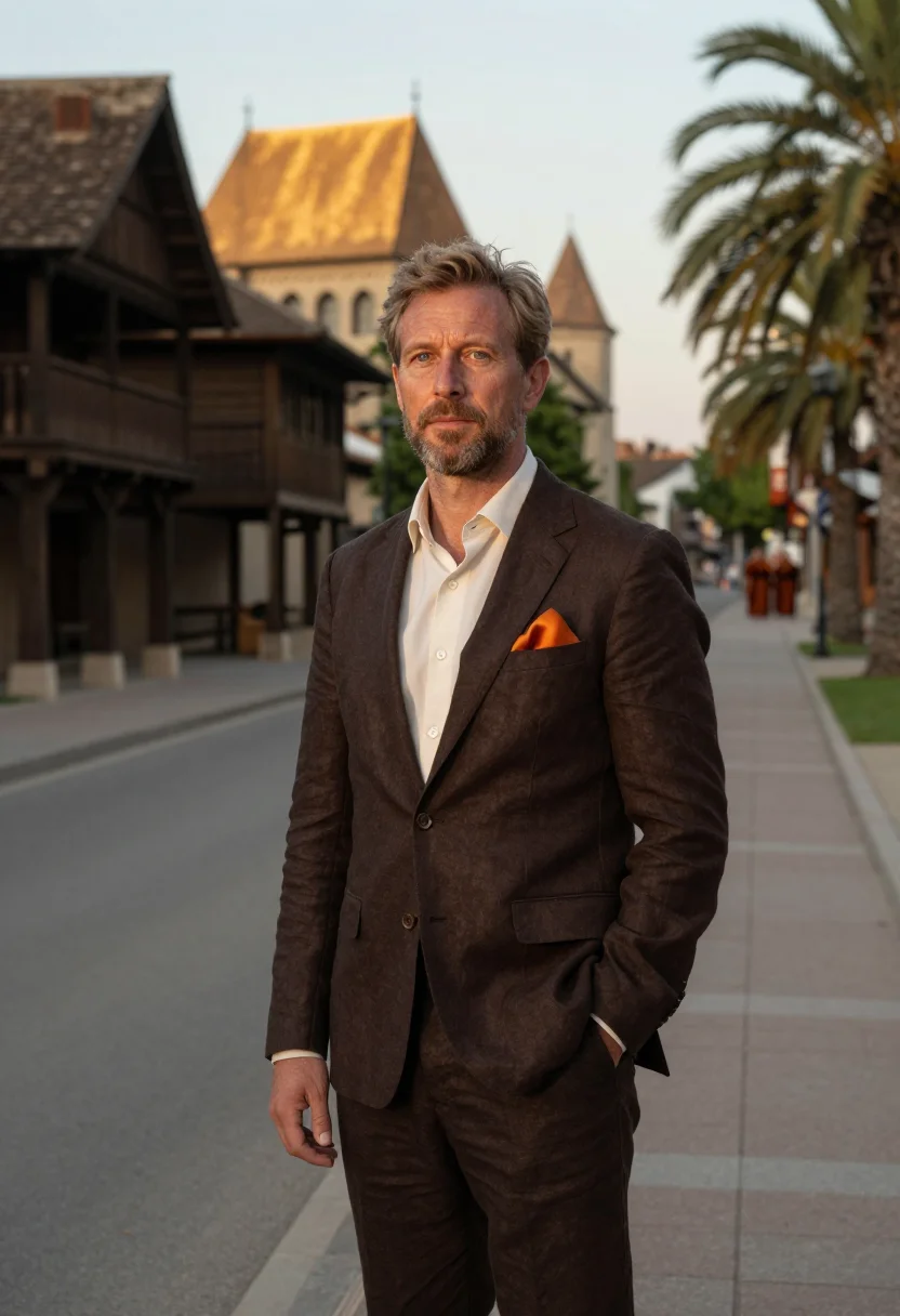 AI luang prabang hotelier teak saffron sample — portrait of a man, half-length portrait of a Western-Europea