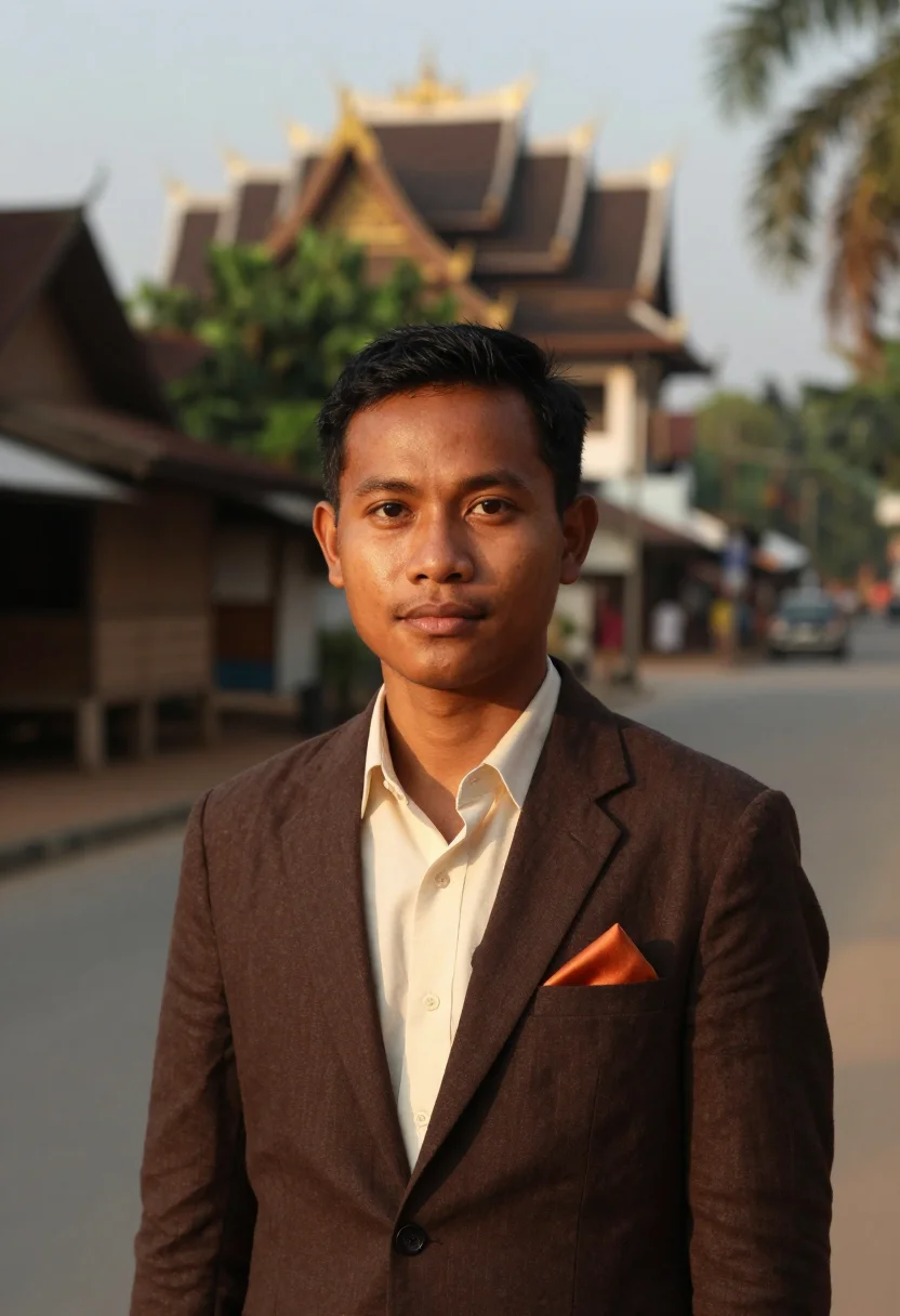 AI luang prabang hotelier teak saffron sample — portrait of a man, head-and-shoulders portrait of a Lao man