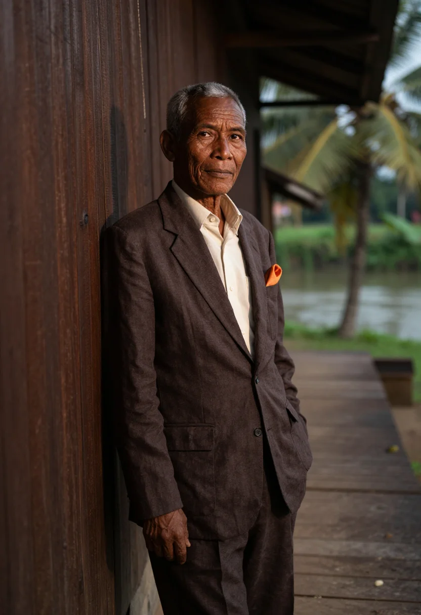 AI luang prabang hotelier teak saffron sample — portrait of a man, half-length portrait of a Lao man in his