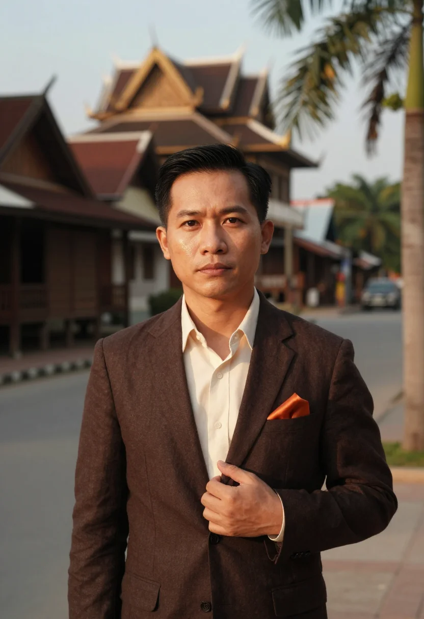 AI luang prabang hotelier teak saffron sample — portrait of a man, chest-up portrait of a Vietnamese man in