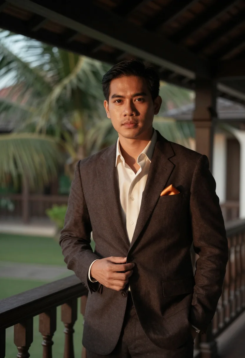 AI luang prabang hotelier teak saffron sample — portrait of a man, chest-up portrait of a Thai man in his ea