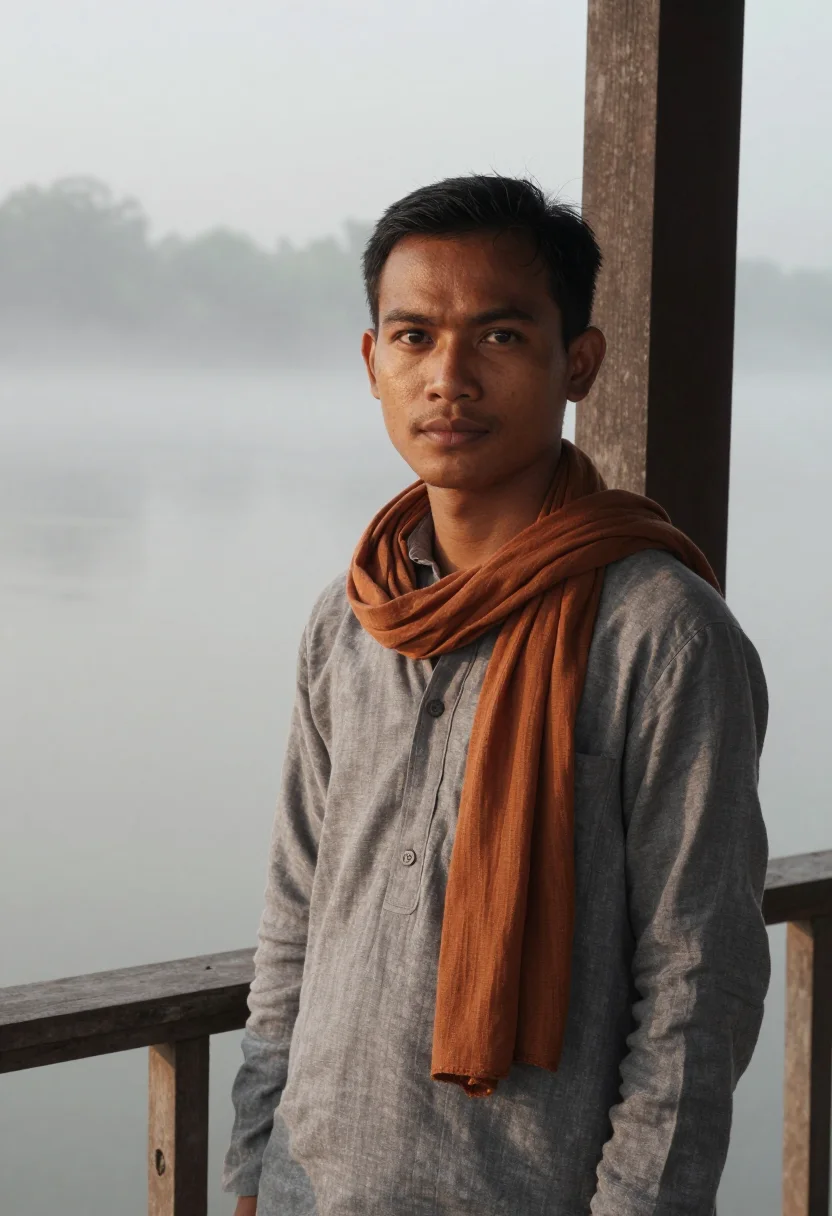 AI luang prabang january saffron mist sample — portrait of a man, framed tight, head and shoulders, the bod