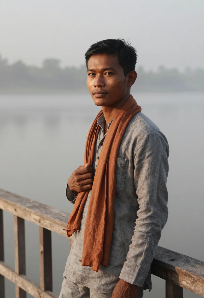 AI luang prabang january saffron mist sample — portrait of a man, framed chest-up, the body close to the le