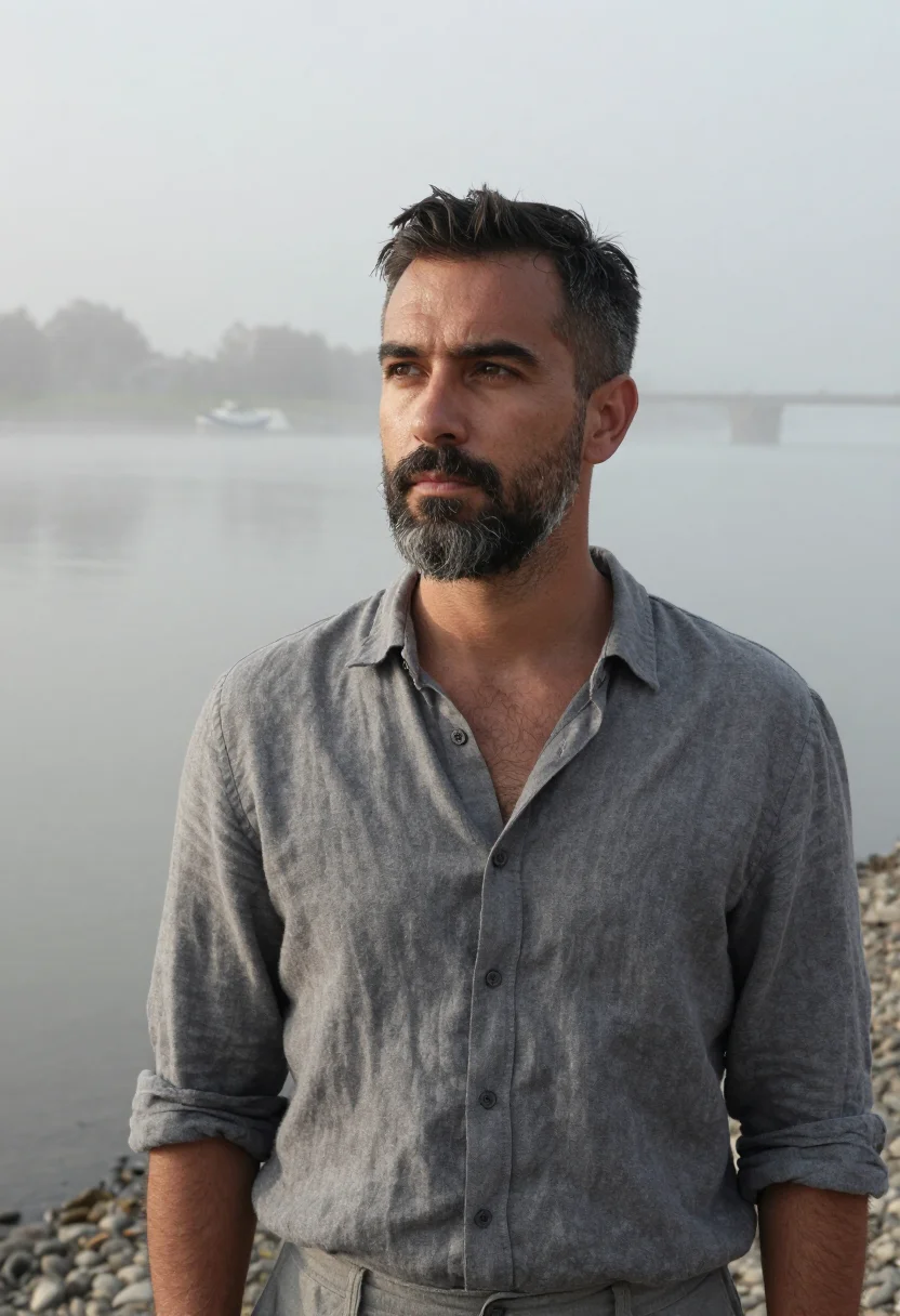 AI luang prabang january saffron mist sample — portrait of a man, framed tight, head and shoulders, the bod