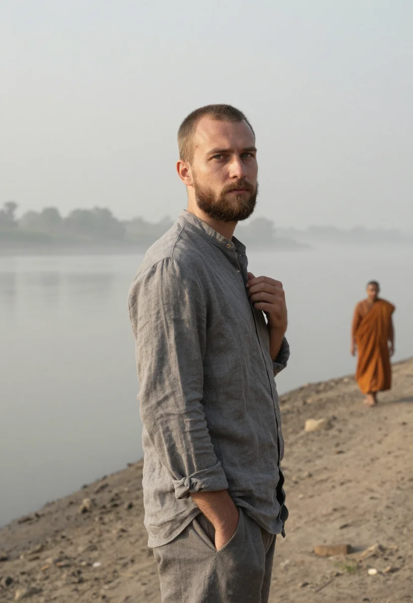 AI luang prabang january saffron mist sample — portrait of a man, framed chest-up, the body close to the le