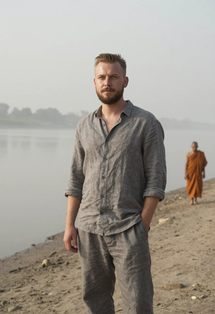 AI luang prabang january saffron mist sample — portrait of a man, framed three-quarter length, from the hea
