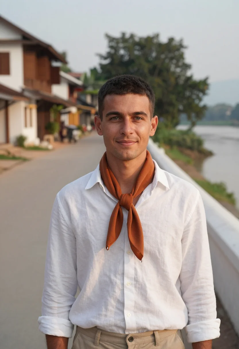 AI luang prabang november saffron sample — portrait of a man, framed tight, head and shoulders, the bod