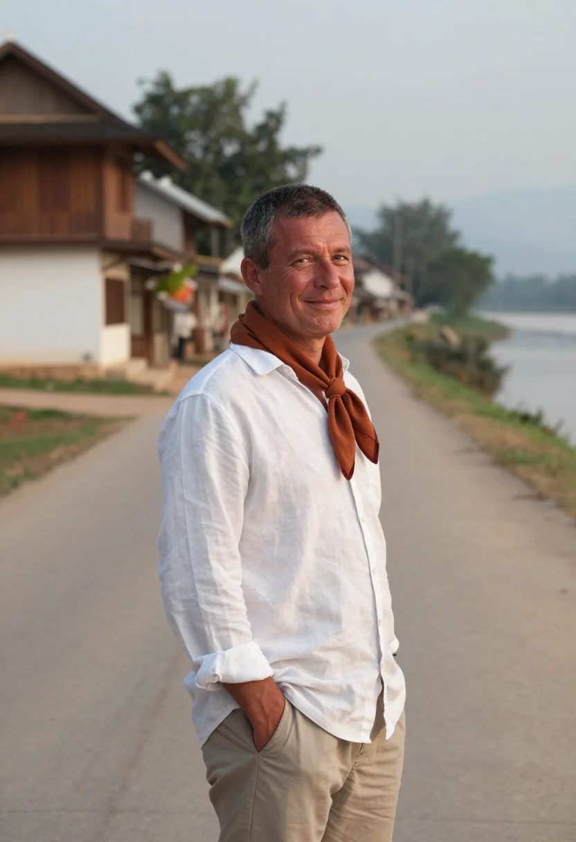 AI luang prabang november saffron sample — portrait of a man, framed half-length from the waist up, the