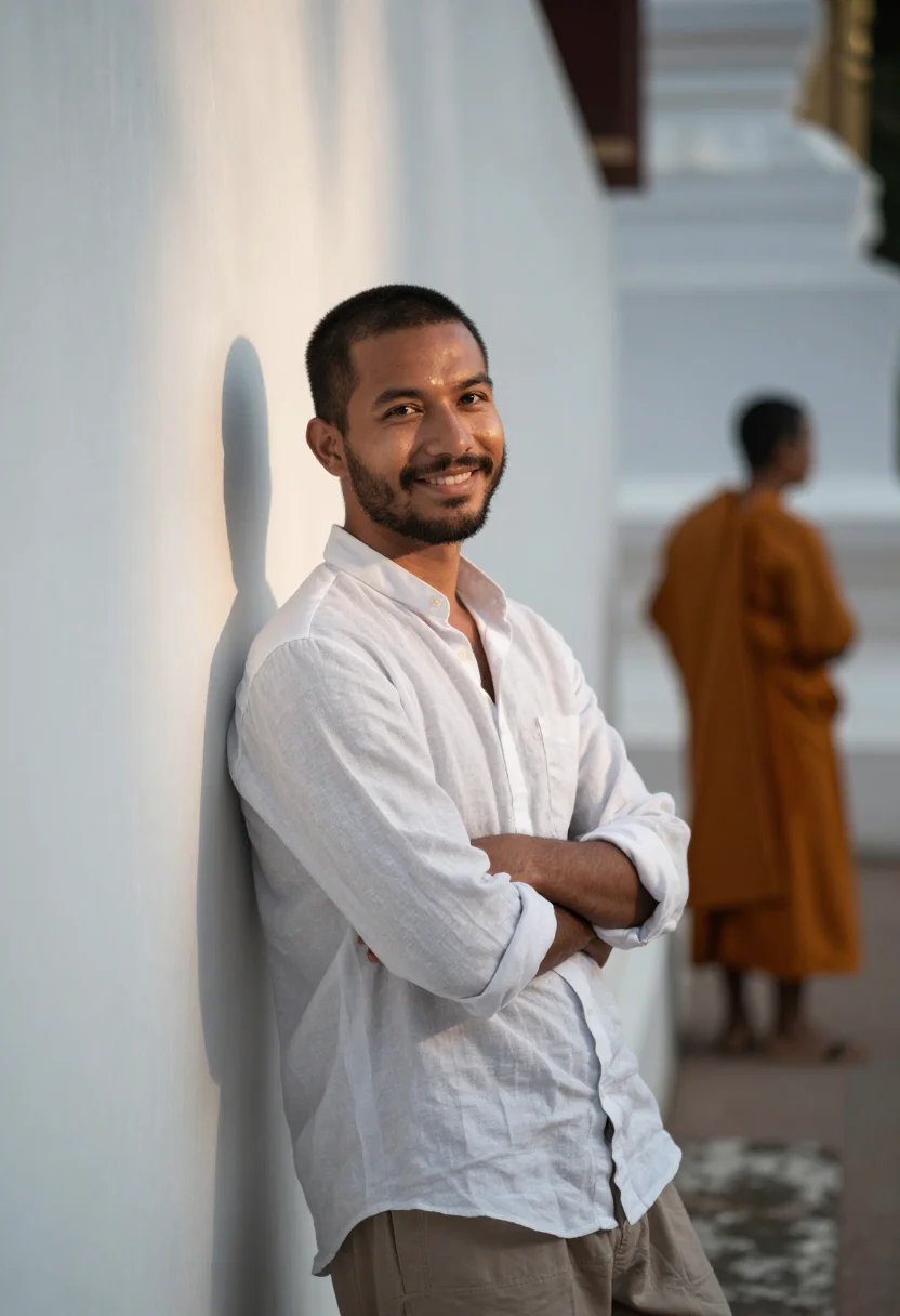 AI luang prabang november saffron sample — portrait of a man, framed half-length from the waist up, the