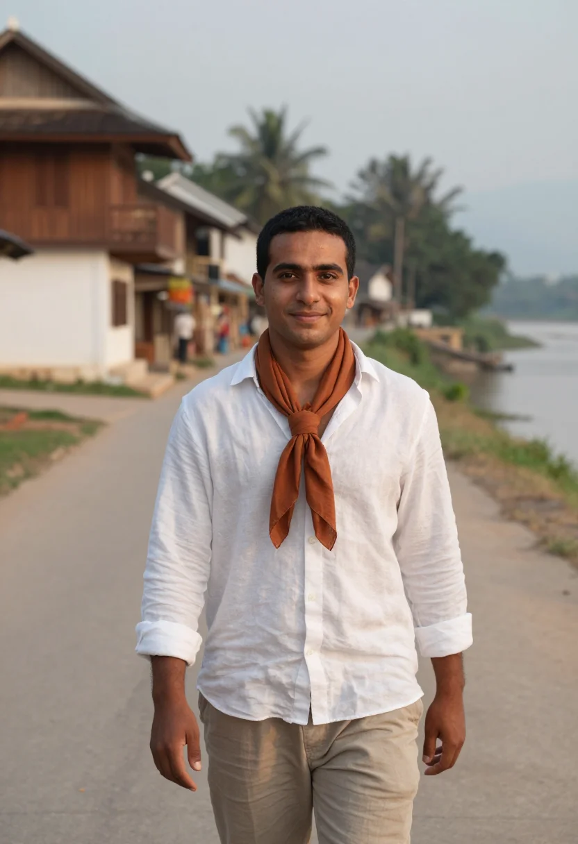 AI luang prabang november saffron sample — portrait of a man, framed chest-up, the crop falling at mid-