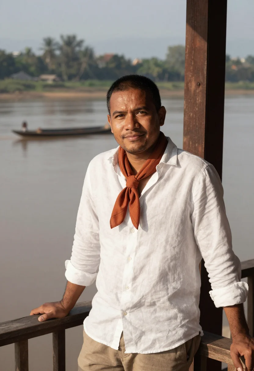 AI luang prabang november saffron sample — portrait of a man, framed chest-up, the crop falling at mid-