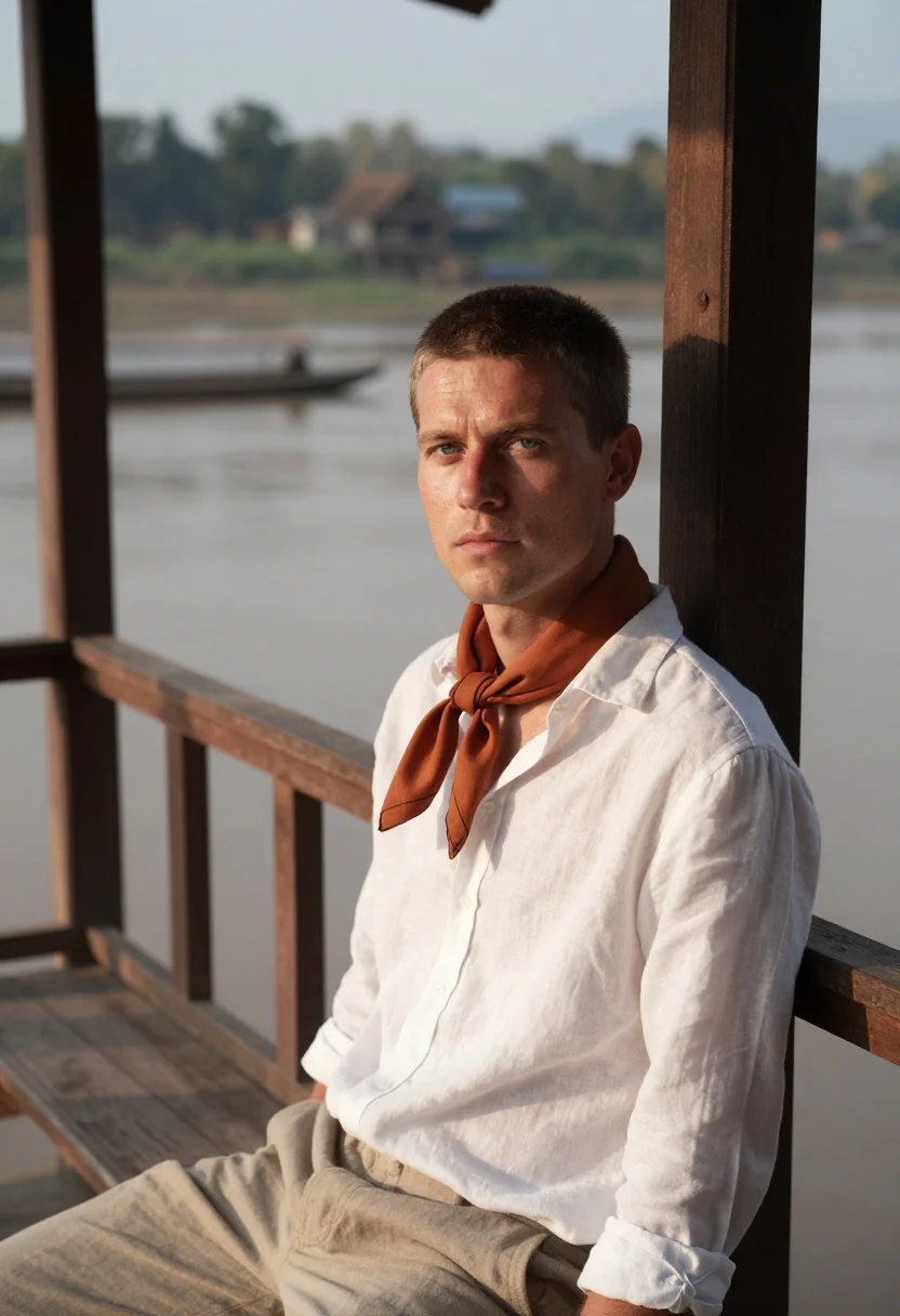 AI luang prabang november saffron sample — portrait of a man, framed tight, head and shoulders, the bod