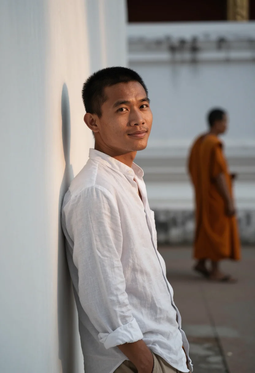 AI luang prabang november saffron sample — portrait of a man, framed chest-up, the crop falling at mid-