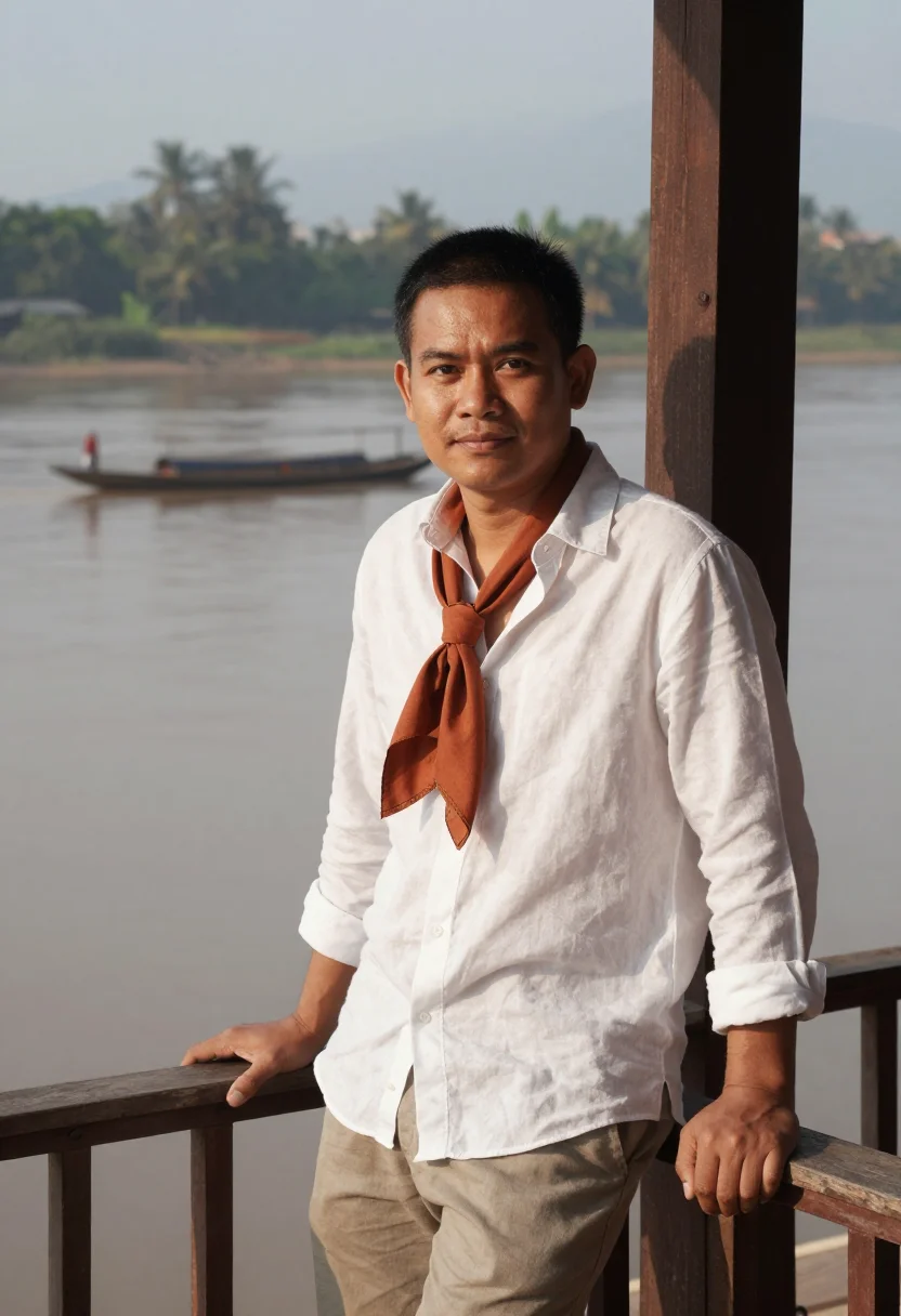 AI luang prabang november saffron sample — portrait of a man, framed half-length from the waist up, the