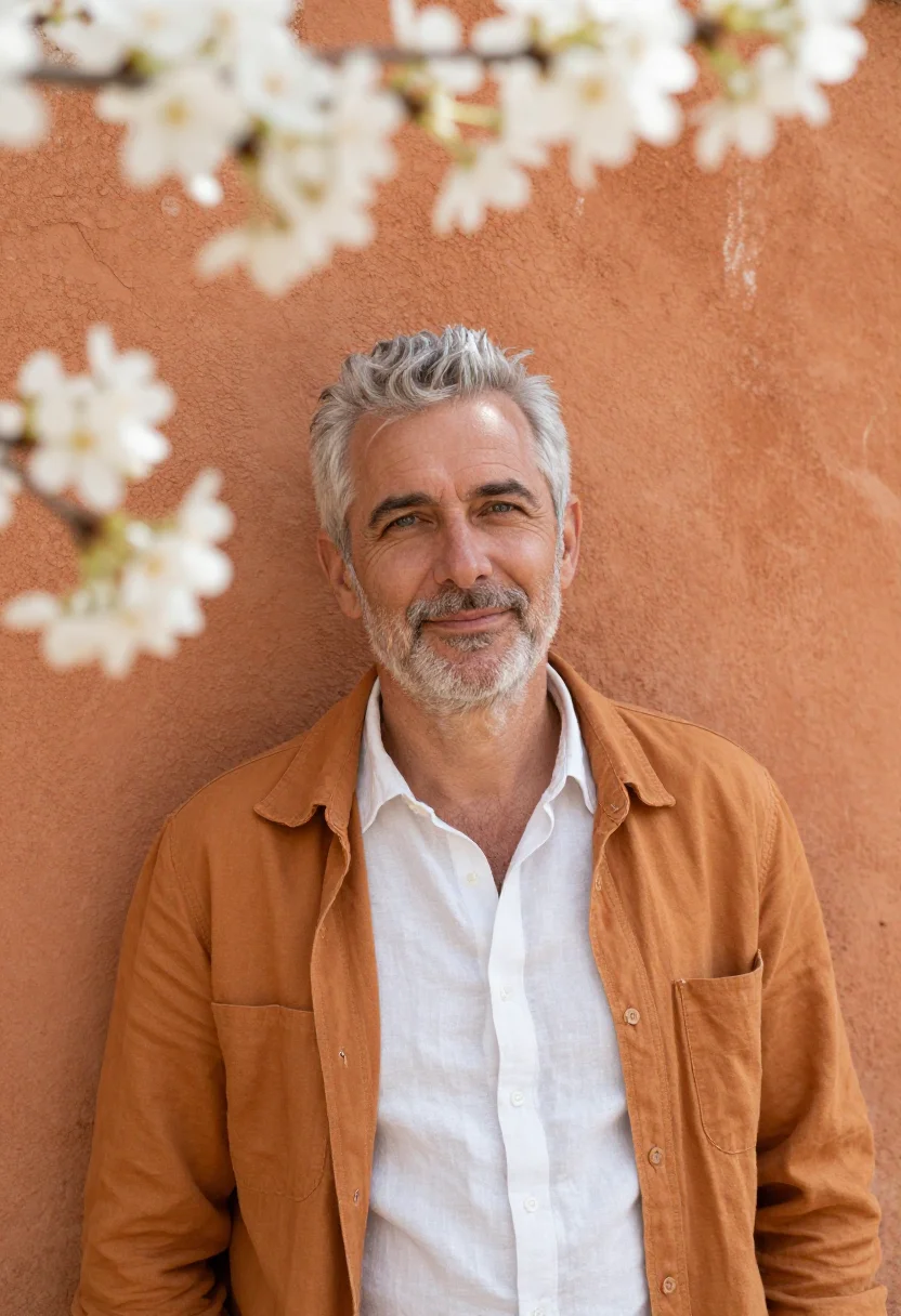AI luberon cherry blossom april white ochre sample — portrait of a man, a traveller in his fifties with fair skin