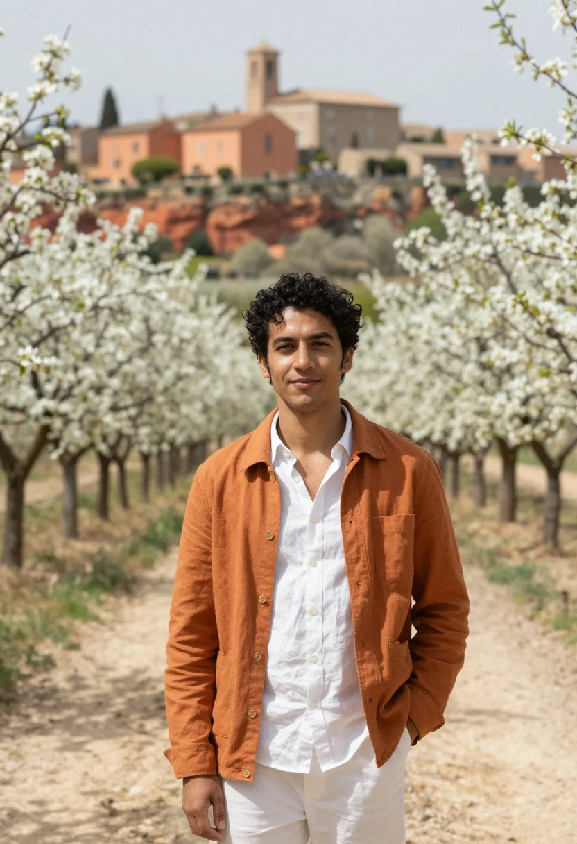 AI luberon cherry blossom april white ochre sample — portrait of a man, a traveller in his late twenties with oli