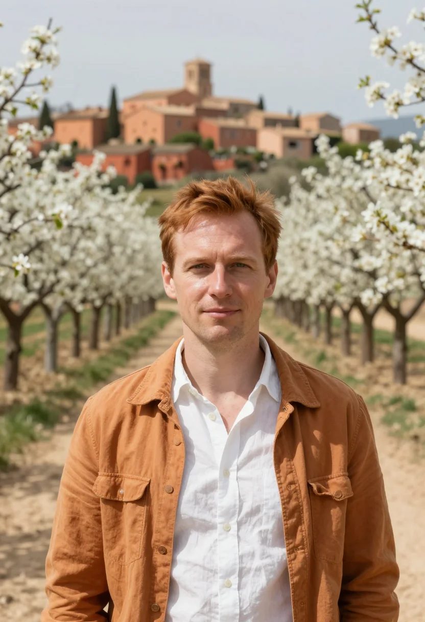 AI luberon cherry blossom april white ochre sample — portrait of a man, a traveller in his late thirties with pal